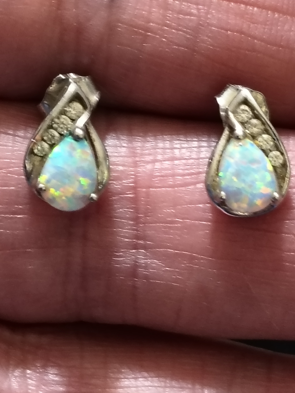 Vintage Sterling Silver, Opal, & Cz  Teardrop Stud Earrings Signed